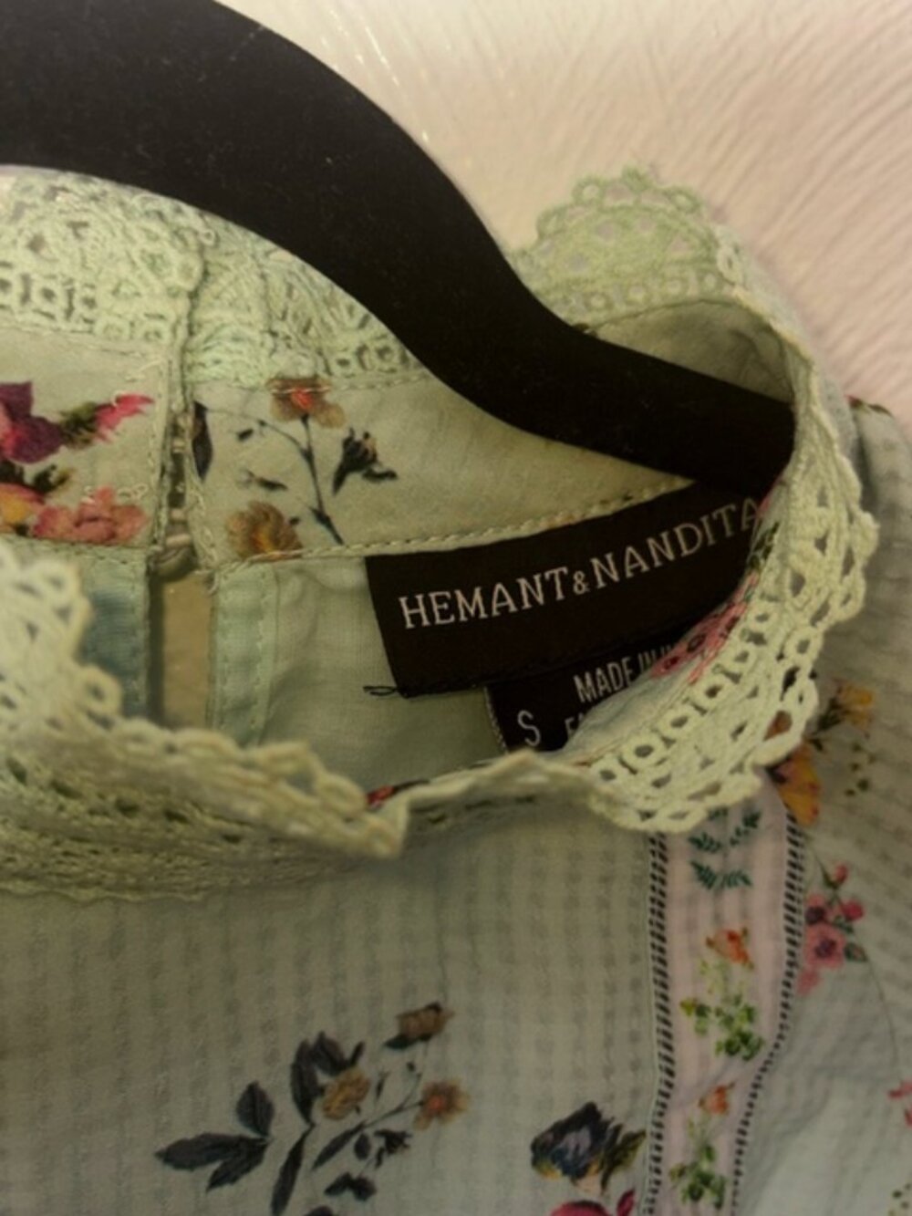 Hemant & Nandita Amour Floral Lace Mock Neck Blouse Mint Green Boho Top Size S - Picture 4 of 4